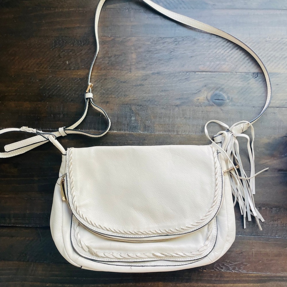 Tommy Bahama Ivory Leather Crossbody Bag Fringe Braided Trim Purse